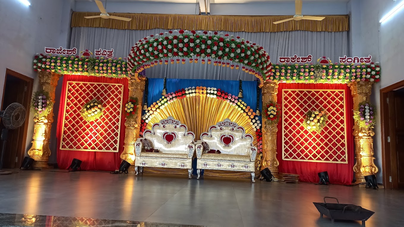 Wedding stage with floral arch and seating